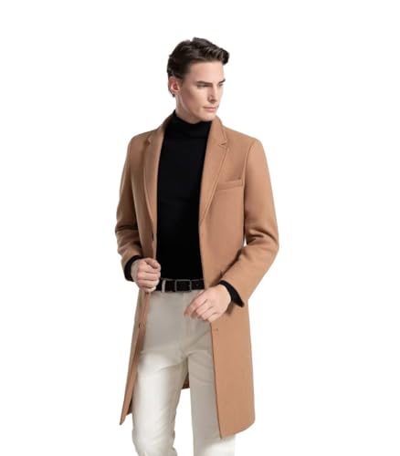 INVACHI Men's Wool Blend Long Trench Coat Notched Collar Full Lined Thermal Plain Single Breasted Overcoat2