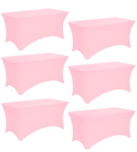 Image of 6 Pack 6FT Spandex Table Covers Washable Wrinkle Resistant Stretch Fitted Rectangle Tablecloth for Folding Table Wedding Party Birthday Banquet Bar Events（Pink）