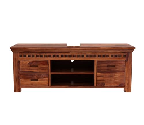 Image of Solid Sheesham Wood TV Unit for Living Room: 2 Drawers, 2 Shelves, and 1-Door Storage | TV Stand | TV Cabinet with Open & Close Storage for Living Room and Hotel Furniture | (Honey Finish)
