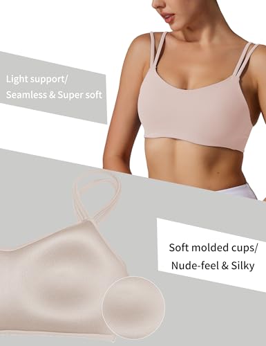 Image of Yoga Sports Workout Bras for Women Seamless Molded Cup Spaghetti Double Strap Bra Wirefree Scoop Neck Tank Top Bras