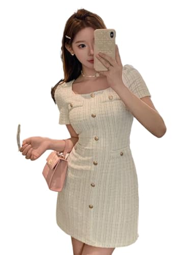 Women's Flowy Mini Dresses Square Neck Button Short Dress
