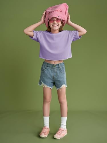 Image of Girls Athletic Oversized Crop Tops Kids Drop Shoulder Short Sleeve T Shirts Workout Tees 5-14 Years