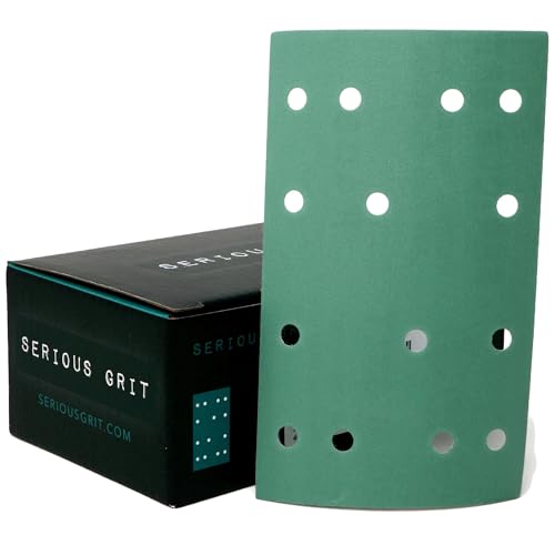 Image of Serious Grit - 3 inch x 5 inch (80x133mm) 14-Hole P400 Grit Sandpaper - 50 Pack Box | Fits Festool RTS 400 & Mirka DEOS 353 - Heavy-Duty Hook & Loop Wet /Dry Film Sanding Sheets for Doors, Cabinetry, Paint, etc
