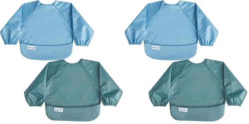 Image of Tiny Twinkle Long Sleeve Bib for Babies & Toddlers | 4-Pack Waterproof Smock Bib for Eating | Machine Washable & Mess-Proof Feeding Essentials | Newborn Shower Gift (Slate Olive,6-24M)