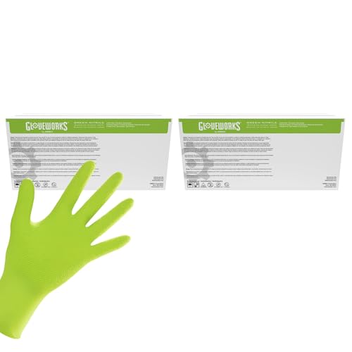 Image of GLOVEWORKS HD Green Gloves, 8 Mil Disposable Heavy Duty Raised Diamond Grip, Latex Free Mechanic Glove, Large 2 Cases of 1000