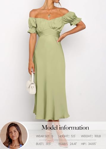 Image of KIRUNDO Women's Satin Summer Wedding Guest Cocktail Dress | 2026 Spring Fall Party Midi Dress, Silky, Elegant Off Shoulder Short Sleeve, Ruffle Mermaid Hem, Wrap Prom Formal Outfits