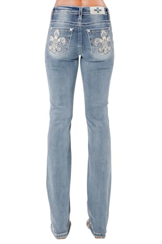 Miss Me Women's Shelly Fleur De Lis Embellished Pockets Mid-Rise Slim Bootcut Jeans