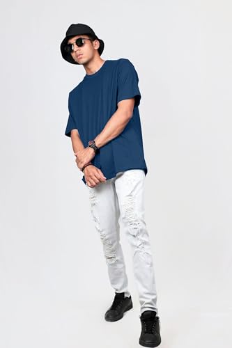 Image of Oversized Baggy Fit Drop Shoulder Half Sleeves Round Neck Solid Pure 100% Cotton T-Shirt for Men (Available in White, Black,Navy Color)