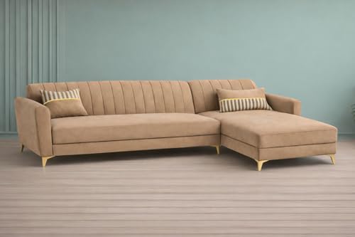 Image of Adorn India Premium Luster 6 Seater L Shape Sofa Set | Velvet Suede Fabric | 3-Year Warranty | RHS |Color Camel with Golden Legs & Striped Pattern Cushion