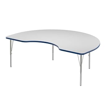 Correll 48"x72" Kidney Shaped Classroom Activity Table, Height Adjustable 19"-29" Markerboard/Dry Erase Durable High Pressure Top, Blue Edge, Silver/Chrome Legs, School Furniture, Made in The USA
