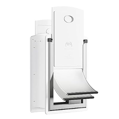 DECORMAX Steel Dog Door for Wall, Energy Efficient Pet Door, Telescoping Tunnel and Steel Frame, Double Magnetic Flaps and Two Sliding Lock Panels, Easy to Install, White, Medium