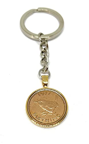 Moneda Farthing 1937 en llavero emotivo para celebrar 85 años de recuerdos familiares