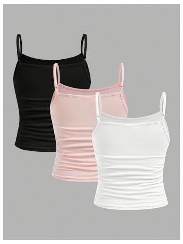 Image of SOLY HUX Girl's Tank Tops 3 Packs Cute Ruched Spaghetti Strap Camisole Slim Fit Undershirts