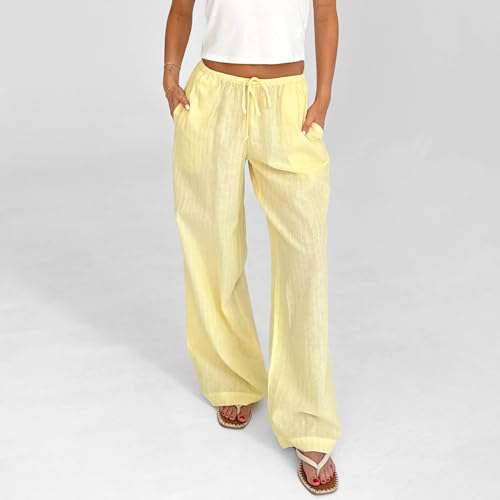 SOLILOQUY Women Spring Summer Wide Leg Pink Pants Micro-Sheer Drawstring Elastic Waist Trousers Lounge Pants3