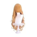コスプレ ライトオレンジ ウィッグ ロング カール ウェーブ巻き髪 耐熱かつら 万用型 斜め前髪 ふんわり 仮装 コスチューム イベントWigネット付き