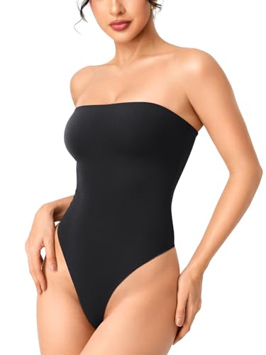 YEOREO CoreFlex Strapless Bodysuit Tube Top Off Shoulder Double Lined Thong Bodycon Slim Fit Summer Sexy Leotard Black-S