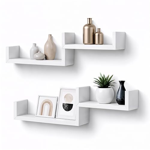 Image of Ordini Ltd | Floating Shelves Set of 4, U-Shape Wooden Wall Mounted Shelves, Storage & Decorative Wall Shelves for Living Room, Bedroom, Kitchen, Bathroom (White)