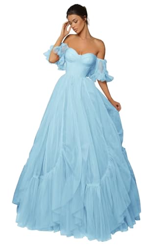 SoDigne Off Shoulder Long Prom Dresses Tulle Ruffle Sleeve Puffy Formal Evening Party Ball Gowns with Pockets