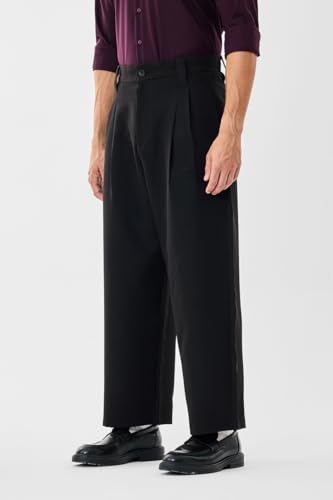 Image of SNITCH Men Casual Trousers | Baggy Fit Wide-Leg Design with Pleated Front & Button Closure | Durable Polyester Blend & Medium-Stretch Fabric for Summer Wear