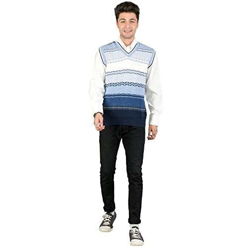 Image of Men Woolen V-Neck Printed Design Sleeveless Pullover Heavy Rainbow Fabric Winter Wear Pure Wool Cardigan Regular Coaty Fully Warm Heavy Pullover Cardigans Free Sizes
