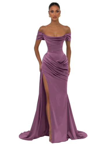 Sxvviae Wisteria Satin Mermaid Bridesmaid Dresses Off the Shoulder Corset Maxi Cocktail Gowns for Women Floor Length US10