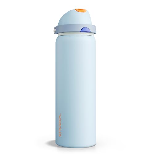 Image of ENCOOL Insulated Water Bottle with Straw Stainless Steel Water Bottle with Push Button Lid, Leak-Proof & BPA-Free, Keeps Cold for 24 Hours for Sports, Travel, Gym (32 oz, Hazy Blue-Blue)