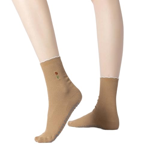 Image of Verdancy Yoga Pilates Socks with Non-Slip Grips Ruffle Trim Tulip Embroidered Cushioned Crew Socks for Barre Ballet Dance