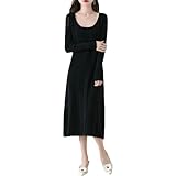 Women's Winter Cashmere Dress Solid Color Wool Round Neck A-Line Maxi Dress Black S