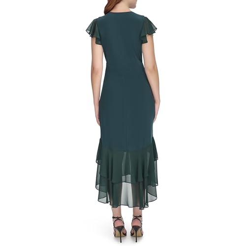 Image of Tommy Hilfiger Women's Flutter Sleeve V-Neck Ruffle Trim Hi-Lo Midi Dress