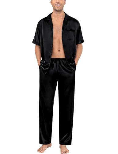 Image of SWOMOG Mens Satin Pajama Set Short Sleeve Classic Sleepwear Button Down Silky Loungewear with Long Pants Solid Black Medium