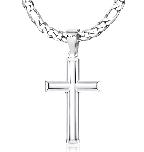 MILACOLATO Cross Necklace for Men : Solid 925 Sterling Silver Cross Pendant Beveled Edge with 5mm Strong Diamond-Cut Stainless Steel Figaro Link Chain or Cuban Link Curb Chain Crucifix Pendant