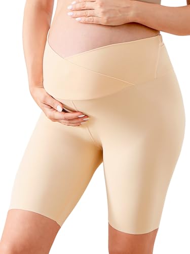 GroYolan Maternidad Pantalones Cortos,Leggings Premamá Cortos Embarazo,Ajustable Ropa Premamá Verano Mujer,Premamá Leggins Pantalones sobre el Vientre,Cintura Alta para hogar,Yoga,Deporte Beige S