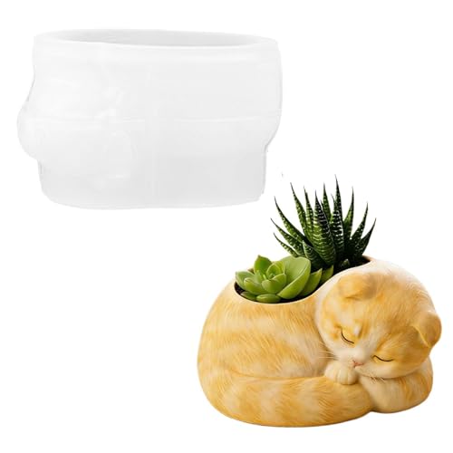 Qfdiwr Molde de silicona para maceta – Molde artesanal de gato dormido de silicona para almacenamiento de chucherías – para candelabros de maceta suculentas decoración casera apartamento granja