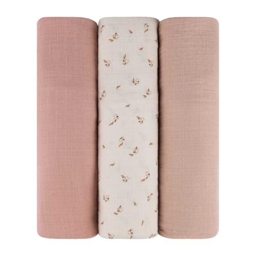 Image of Ely's & Co. Muslin Swaddle Blankets 3-Pack for Baby Girl, 100% Cotton Muslin Extra Large Swaddle Receiving Blankets, 47”x47” (Pink-Cream Floral)