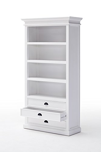 Novasolo Halifax Pure White Mahogany Wood Bookcase With 4 Shelves And 3 Drawers #TOP4