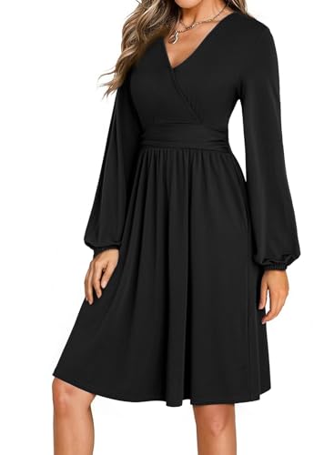 Dokotoo Womens Fall Dresses 2025 Wrap V-Neck Long Sleeve Empire Waist Pockets Casual Elegant Flowy Wedding Guest Little Black Dress Small
