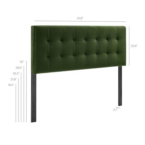Image of Modway Lily Performance Velvet Queen Size Headboard with Biscuit Tufting in Moss Green - Stain-Resistant Upholstery with Padded Design and 5 Height-Adjustable Mounts