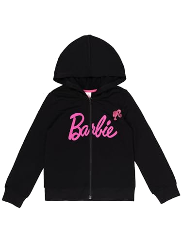 Barbie Little Girls' Glitter Graphic Zip Front Hooded Sweatshirt Black Pink 7-8 - image 1