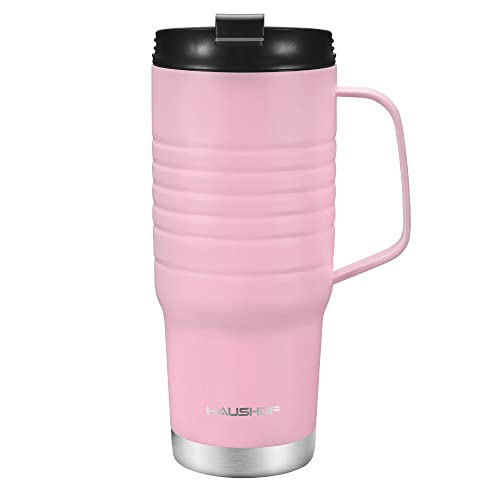 HAUSHOF 24 oz Travel Mug with Handle, Stainless Steel Vacuum Insulated Coffee Double Wall Travel Mugs with Leakproof Lid, BPA Free Upgrade- Pink 24 Ou