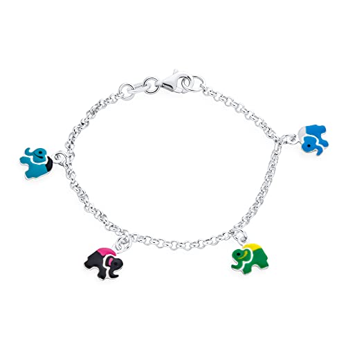 Bling Jewelry Good Luck ZOO Animal Lucky Garden Colorful 5 Multi Elephant Dangling Charm Bracelet For Teens .925 Sterling Silver 6 Inch Small Wrist & 7.5 Inch