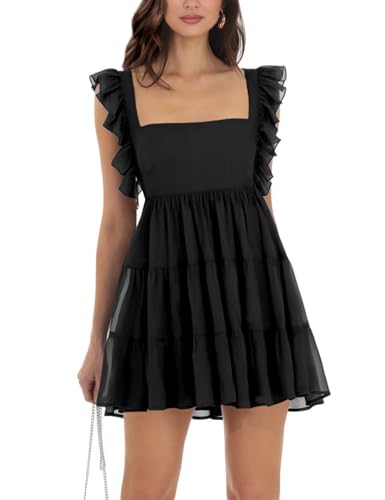 Women’s Summer Square Neck Tie Back Ruffle Sleeve Tiered Casual A-Line Short Mini Dress