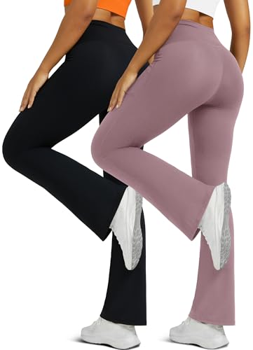 Image of Flare Leggings for Women with Pockets 2pack High Waisted Crossover Flare Leggings Bootcut Yoga Pants