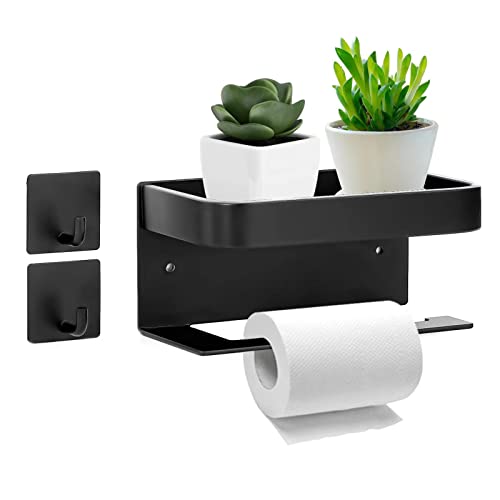 Auyeetek Toilettenpapierhalter mit Ablage Edelstahl Schwarz Matt ohne Bohren Selbstklebende Klopapierhalter Klorollenhalter Toilettenpapierhalter Kleben wc Papier Halterung Cover