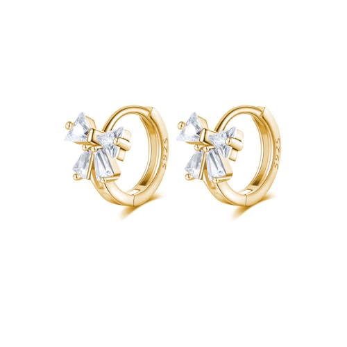 Reffeer Solid 925 Sterling Silver CZ Bow Hoop Earrings Ribbon for Women Teens Small Bowknot Hoop Earrings Cartilage