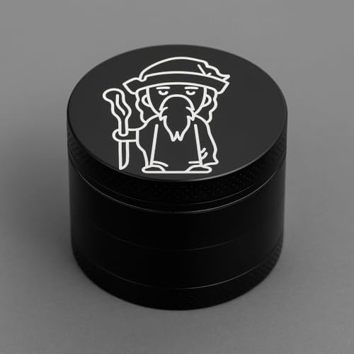 4-teiliger Grinder 5cm mit Gravur Schwarz oder Silber Kräutermühle mit Magnetdeckel & Pollensieb Motivwahl oben Präzise Verarbeitung rutschfest stilvolles Design (Schwarz - Wizard)