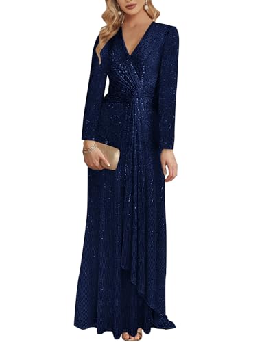 Image of Long Sleeve Sequin Dress For Women Formal Gowns Sparkly V Neck Maxi Dress