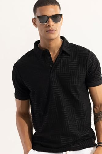 Image of SNITCH Men T-Shirts | Textured Self-Design Slim Fit Polo T-Shirt | 100% Polyester, Buttoned Closure, Half Sleeve, Casual Wear, Street Wear, College Wear