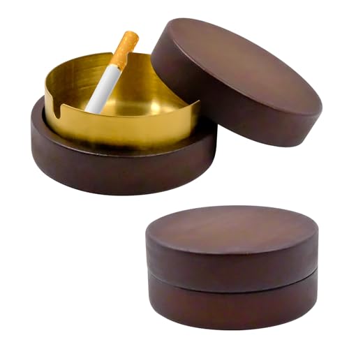 HVIHWI 1Unidad Cenicero Exterior de Madera de Nogal con Tapa, Cenicero para Exterior e Interior AntiOlores, Cenicero con Base de Acero Inoxidable Extraíble y Fácil de Limpiar para Hogar,Oficina,Jardín