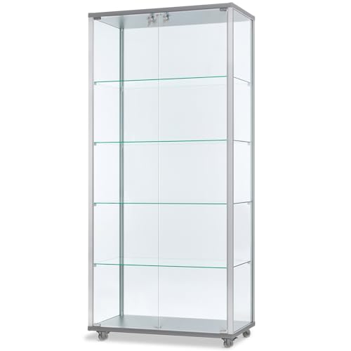 Glasvitrine mit Rollen T 41,7 x B 78,2 x H 183 cm - breite Ausstellungs-Vitrine abschließbar - großer Glas-Vitrinenschrank ohne Beleuchtung