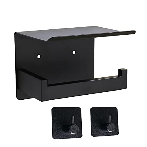 Booding Porte Papier Toilette et 2 Crochet, Acier Inoxydable 304, Support Rouleau Papier avec Tablette Auto-adhésif Sans Percage ou Fixé Mural avec Vis Ensemble Accessoire Cuisine Salle de Bain Noir Cover